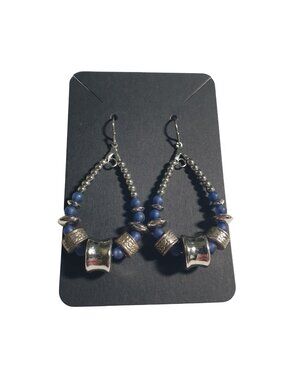 Beaded Hoop Dangle Earrings Silver Tone Blue Accents Handmade 2.5 In Hook Drop